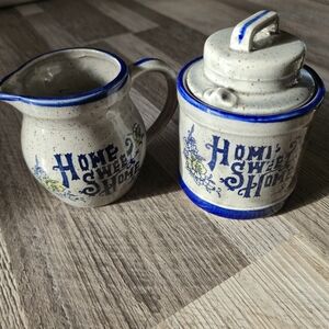 Vintage Home Sweet Home Speckled Stoneware Creamer & Sugar Blue Floral Farmhouse